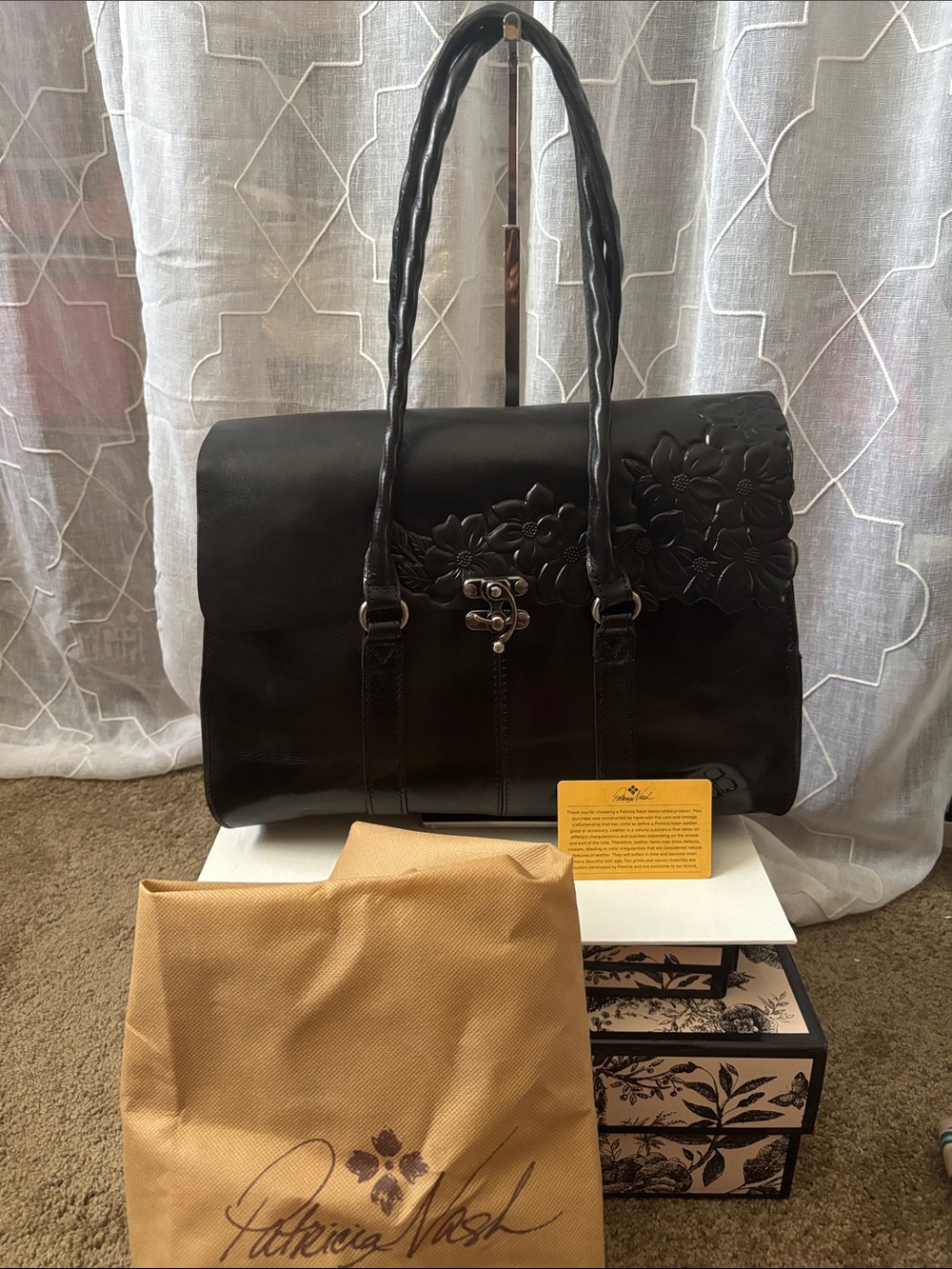 Patricia Nash Vienna Black Floral Embossed Leather Satchel